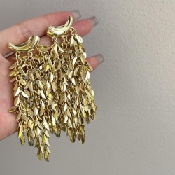 occidental style wind retro temperament gold silver color long tassel leaf ear..