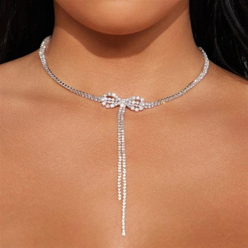 occidental style Rhinestone  fashion all-Purpose bow necklace  samll tassel chain woman necklace