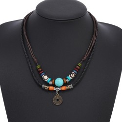 occidental style retro wind multilayer turquoise beads weave leather necklace ..