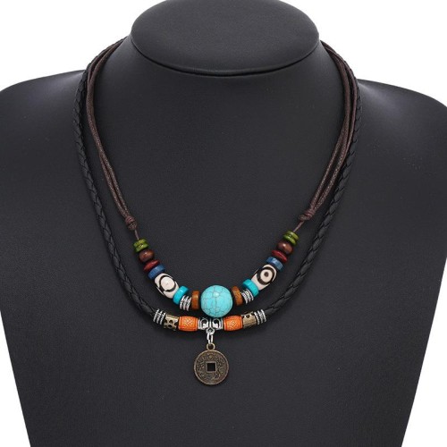 occidental style retro wind multilayer turquoise beads weave leather necklace personality Alloy bronze coin pen
