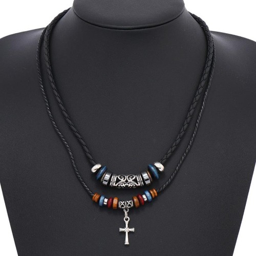 occidental style Clothing creative beads multilayer Alloy cross leather necklace retro wind