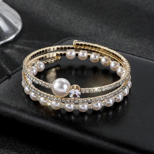  opening imitate Pearl Rhinestone bangle multilayer twining elasticity more row Pearl fully-jewelled bracelet