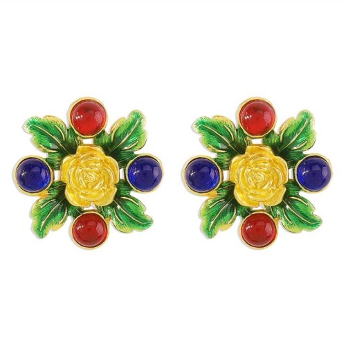 E retro painting wind resin color earrings  personality leaf flowers enamel temperament ear stud woman