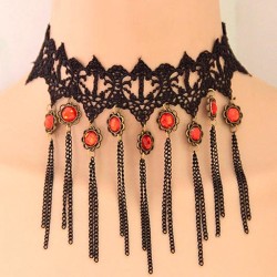 occidental style fashion lace retro flowers gem tassel temperament necklace ch..