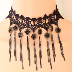 occidental style fashion lace retro flowers gem tassel temperament necklace ch..