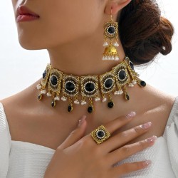 occidental style fashion concise retro Metal shine gem three necklace earrings..