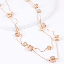  fashion concise square crystal temperament Double layer lady long necklace