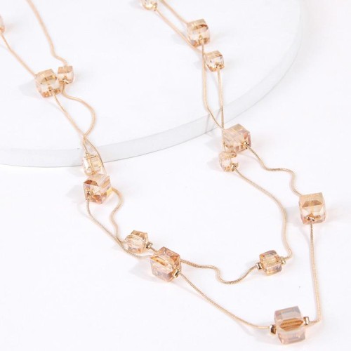  fashion concise square crystal temperament Double layer lady long necklace