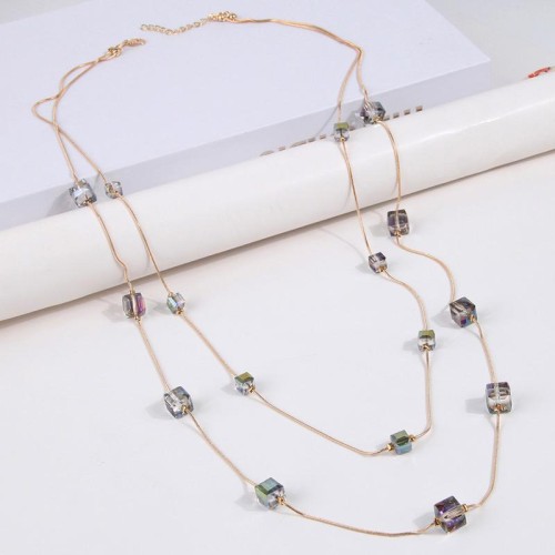  fashion concise square crystal temperament Double layer lady long necklace