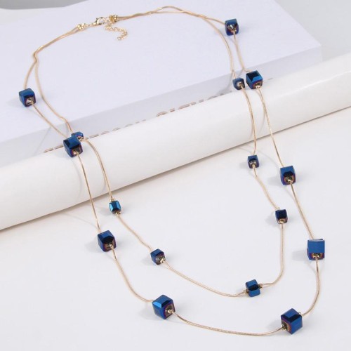  fashion concise square crystal temperament Double layer lady long necklace