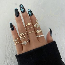  mosaic Rhinestone butterfly snake ring creative gold Round wave ring set