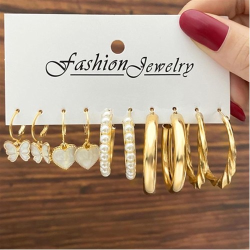 occidental style black Peach heart butterfly earrings set creative brief Pearl circle