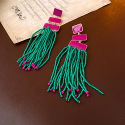 retro Bohemia enamel beads tassel silver earrings personality exaggerating tem..