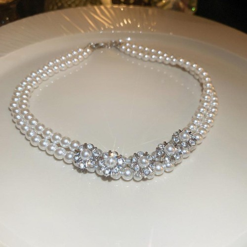 Double layer diamond Pearl necklace high samll temperament clavicle chain woman