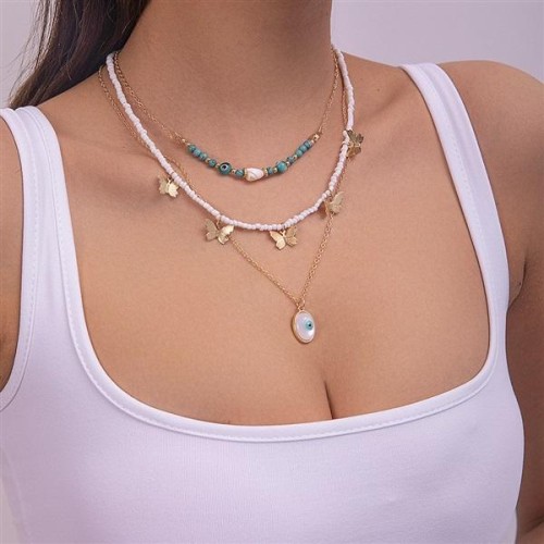 occidental style butterfly sequin tassel eyes pendant necklace woman fashion samll set