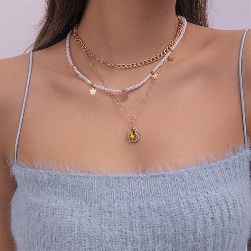 occidental style gold zircon flowers tree beads necklace set woman multilayer samll chain