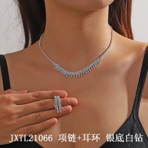 bright fully-jewelled zircon necklace earring set bride married temperament brief all-Purpose set