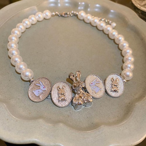  big enamel rabbit Pearl necklace occidental style exaggerating atmospheric clavicle chain fas
