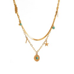 occidental style titanium steel necklace Double layer clavicle chain turquoise..