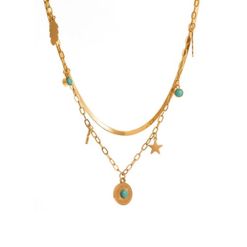 occidental style titanium steel necklace Double layer clavicle chain turquoise star pendant necklace 