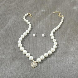  occidental style woman Pearl necklace ear stud set fashion Peach heart diamon..
