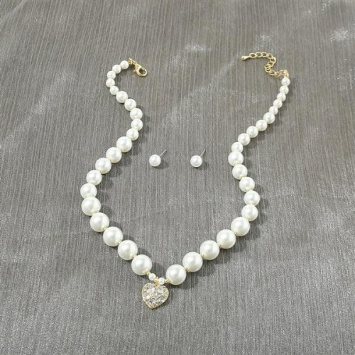  occidental style woman Pearl necklace ear stud set fashion Peach heart diamond pendant woman chain