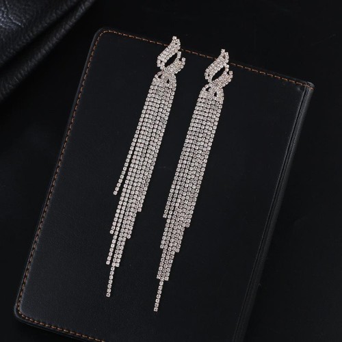   Rhinestone geometry long style tassel earrings Street Snap bride atmospheric EarringE