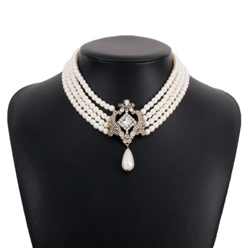  retro Pearl diamond chain woman  multilayer palace wind necklace personality exaggerating