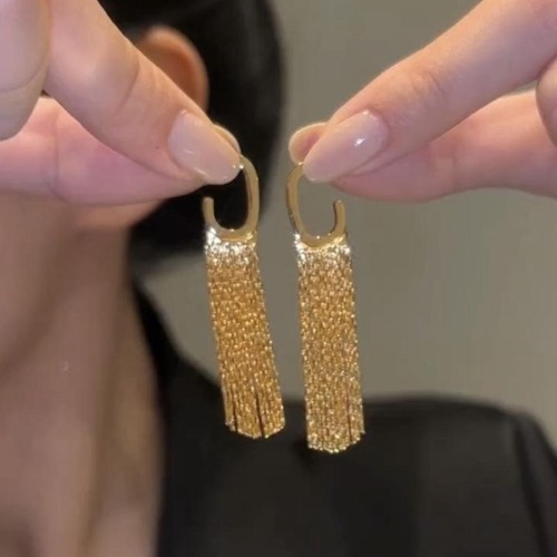 gold long style tassel temperament big earrings samll high all-Purpose Earring woman