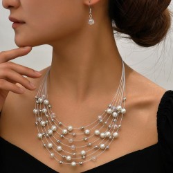 fashion concise all-Purpose Pearl crystal multilayer necklace woman set