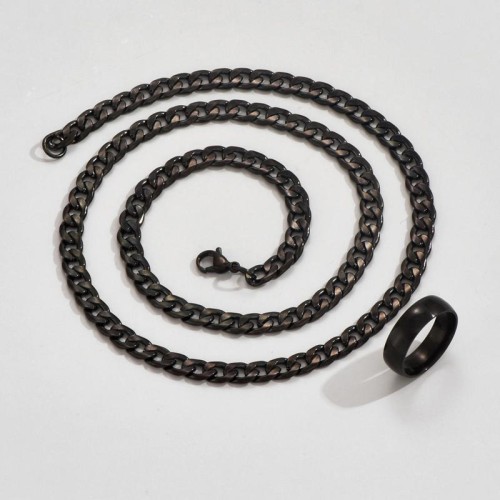 0.6*60cm stainless steel black chain man necklace surface ring set