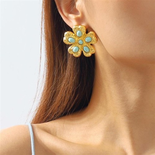  fashion medium flowers turquoise earrings  retro temperament ear stud palace wind brief geometry Earring