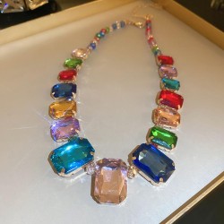 occidental style color diamond crystal square gem necklace fashion temperament..