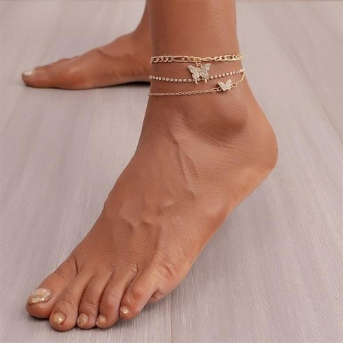 Fjinse  occidental style fashion multilayer chain foot woman fully-jewelled butterfly pendant chain foot