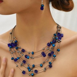fashion concise square crystal mash up multilayer temperament necklace  earrin..