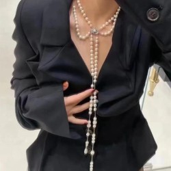  style more!  big Word Pearl sweater chain three layer asymmetry long necklace..