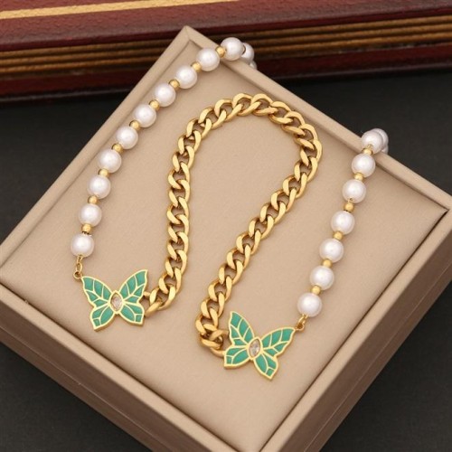 original  fashion Pearl necklace  personality enamel butterfly pendant  temperament stainless steel