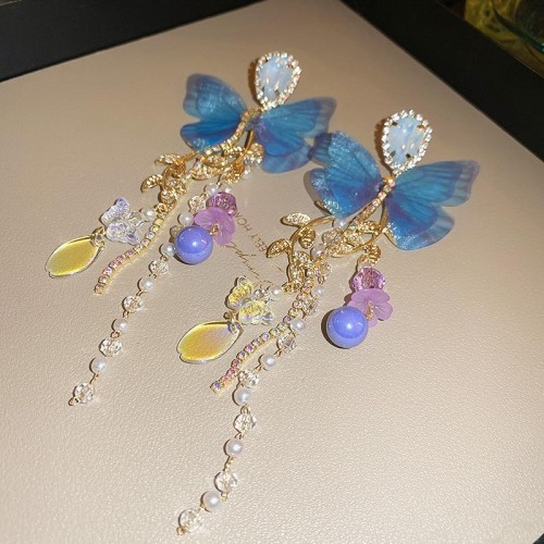 silver diamond crystal butterfly Pearl earrings long style tassel super ear stud earring high Ear