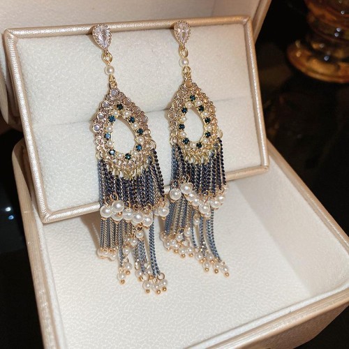 silver diamond Pearl zircon chain earrings drop long style tassel ear stud earring retro Earring