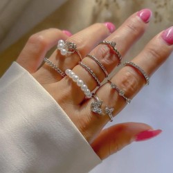 butterfly diamond more ring retro Pearl ring woman samll high ring set