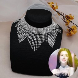 Korea woman same style big Rhinestone tassel earrings chain set banquet neckla..