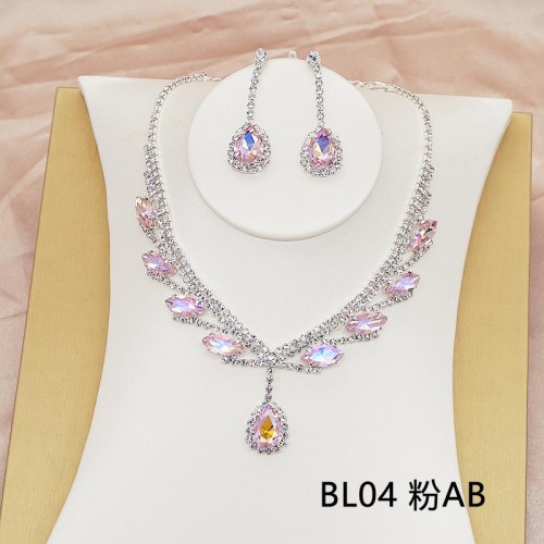  occidental style bride necklace set high-end all-Purpose crystal color clavicle chain earrings two