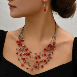 fashion concise square crystal mash up multilayer temperament necklace  earrin..
