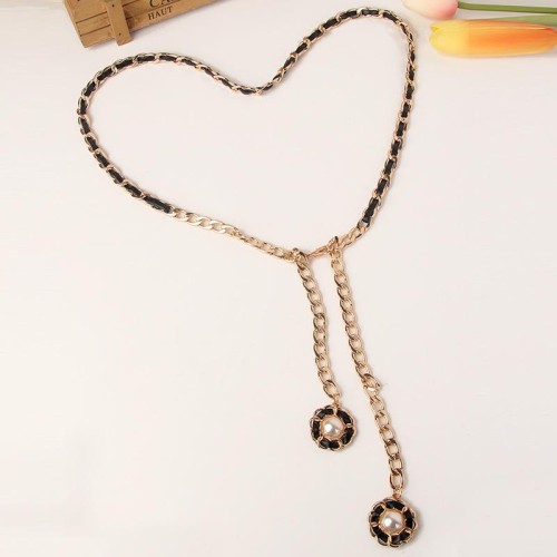  lady chain Metal leather belt Dress samll wind Pearl pendant aluminum chain Cowboy