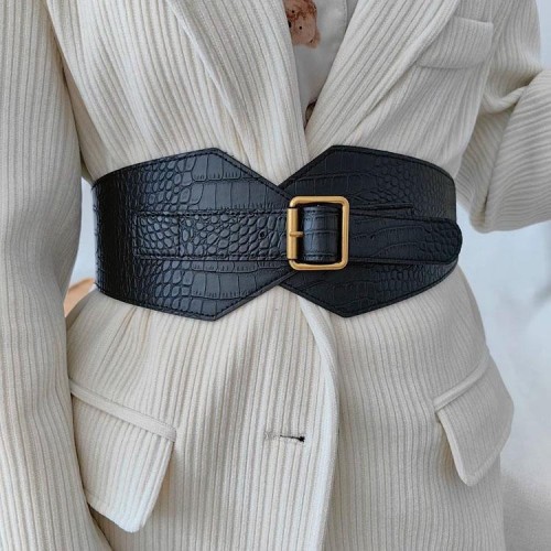 occidental style retro Irregular black belt ornament Dress Coat crocodile pattern Tightness elasticity Girdle w