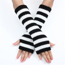 long blue patchwork Stripe woolen glove Autumn and Winter medium long style wo..