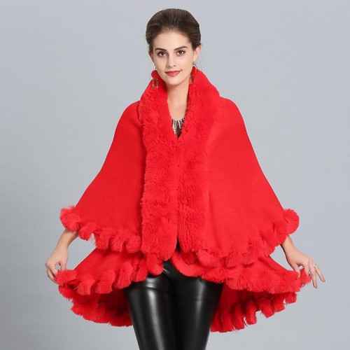 occidental style Autumn and Winter loose and comfortable imitate fox fur collar Double layer knitting shawl Coat#