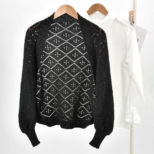 (  black)Autumn and Winter knitting rhombus shawl fashion all-Purpose pure color temperament cardigan jacket high long 