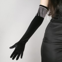 retro velvet Rhinestone tassel long glove swan velvet glove
