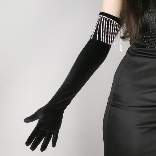 retro velvet Rhinestone tassel long glove swan velvet glove